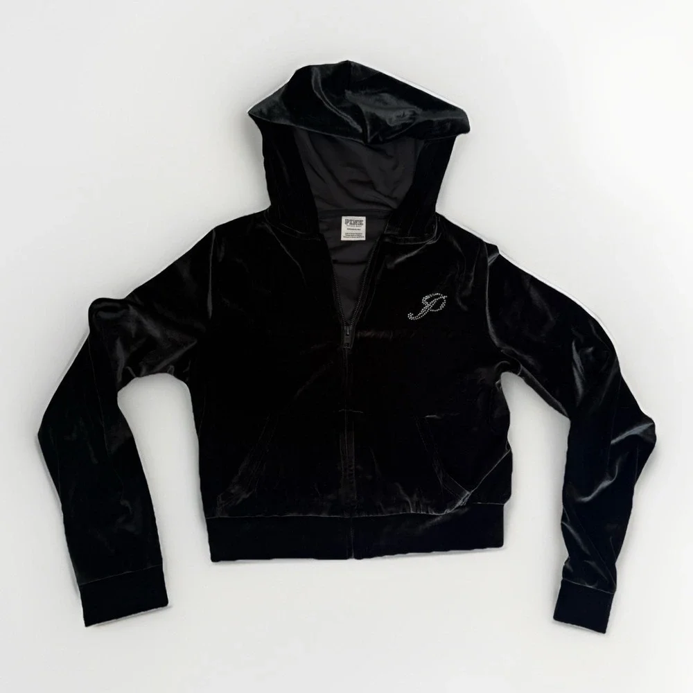 PINK Y2K  Victoria's Secret Cropped Velour Zip Hoodie Gray Small Rhinestone Logo
